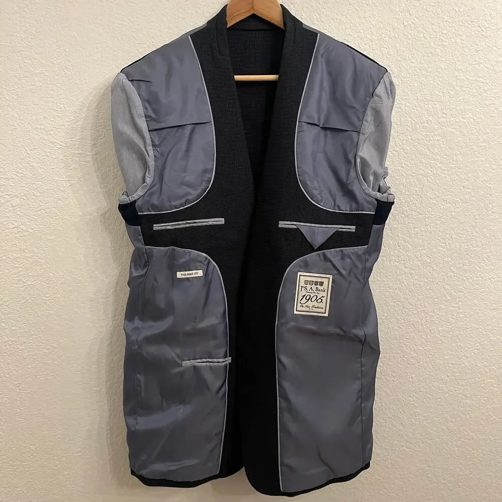 Jos A Bank Linen Cotton Houndstooth Blazer 40L Navy Tailored Fit Elbow Patches